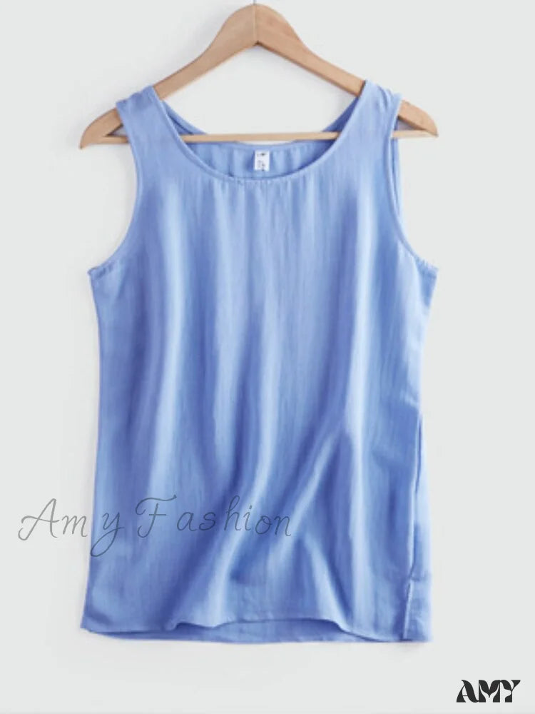 Amy Fashion - Cotton Linen Sleeveless Tops Blue / S