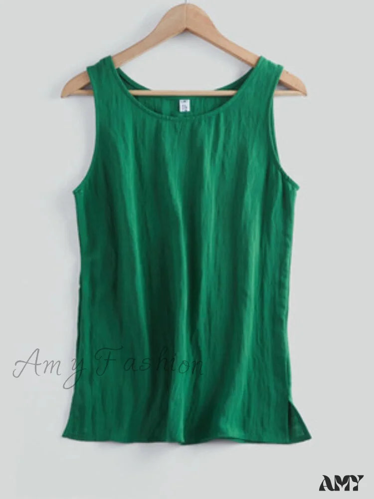 Amy Fashion - Cotton Linen Sleeveless Tops Dark Green / S