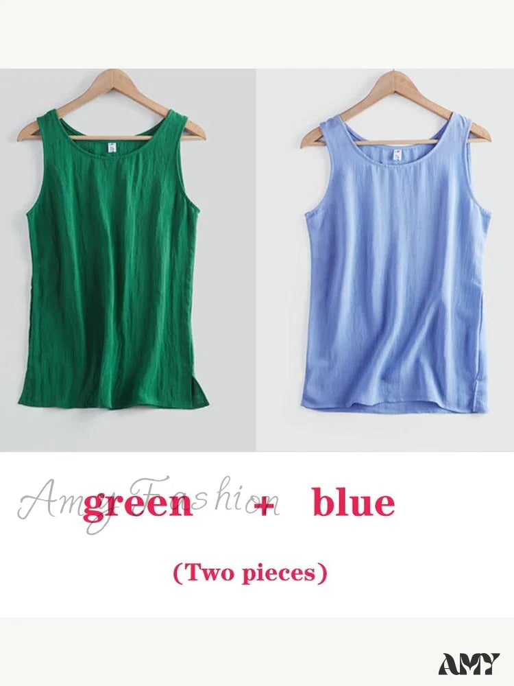 Amy Fashion - Cotton Linen Sleeveless Tops Green And Blue / S