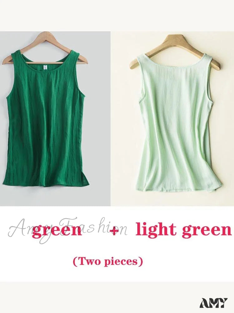 Amy Fashion - Cotton Linen Sleeveless Tops Green And Lightgreen / S