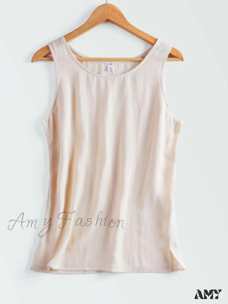 Amy Fashion - Cotton Linen Sleeveless Tops Khaki / S