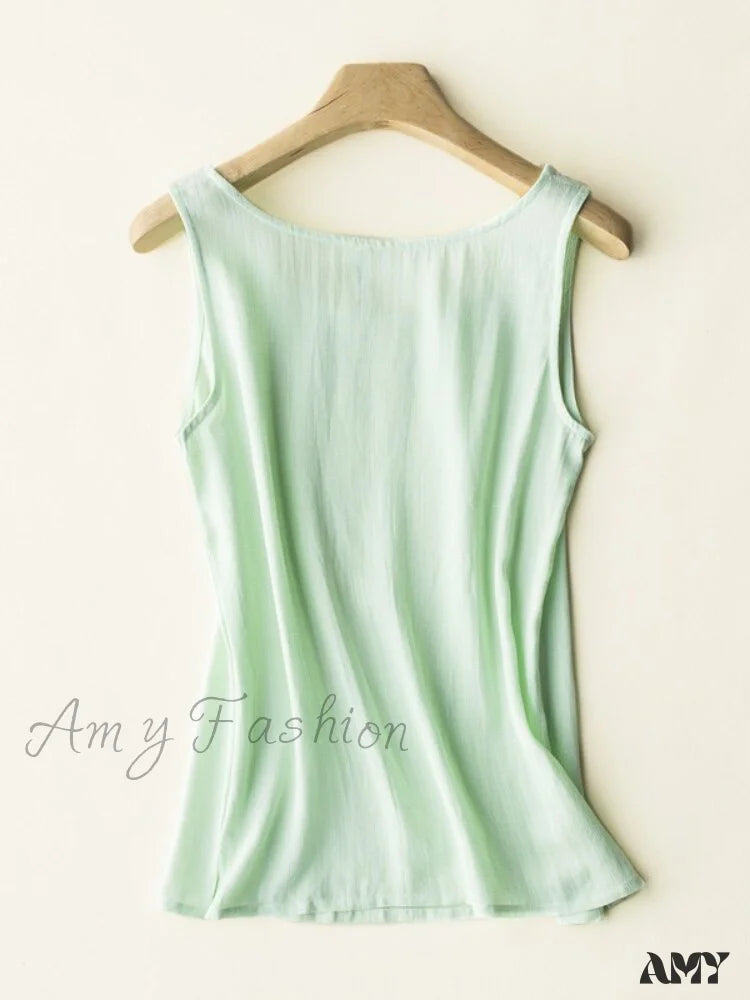 Amy Fashion - Cotton Linen Sleeveless Tops Light Green / S