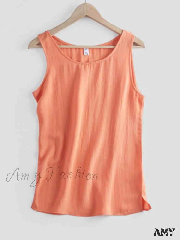 Amy Fashion - Cotton Linen Sleeveless Tops Orange / S