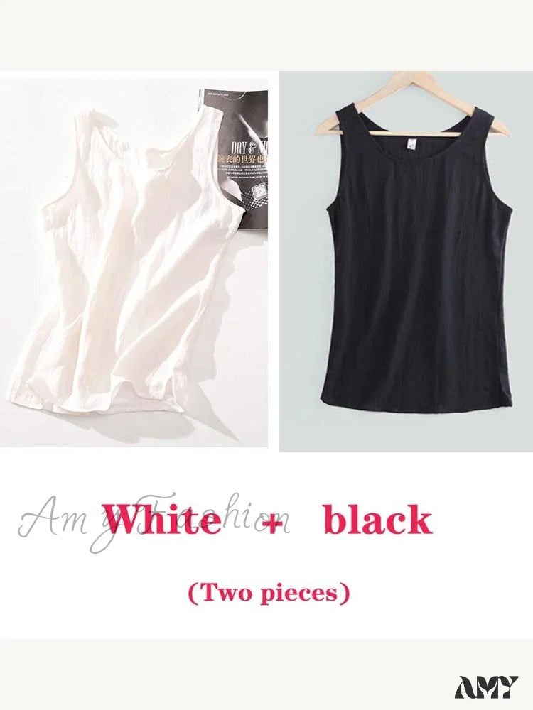 Amy Fashion - Cotton Linen Sleeveless Tops White And Black / S
