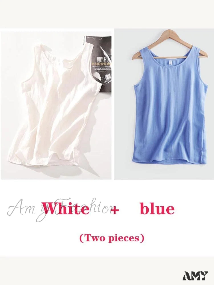 Amy Fashion - Cotton Linen Sleeveless Tops White And Blue / S