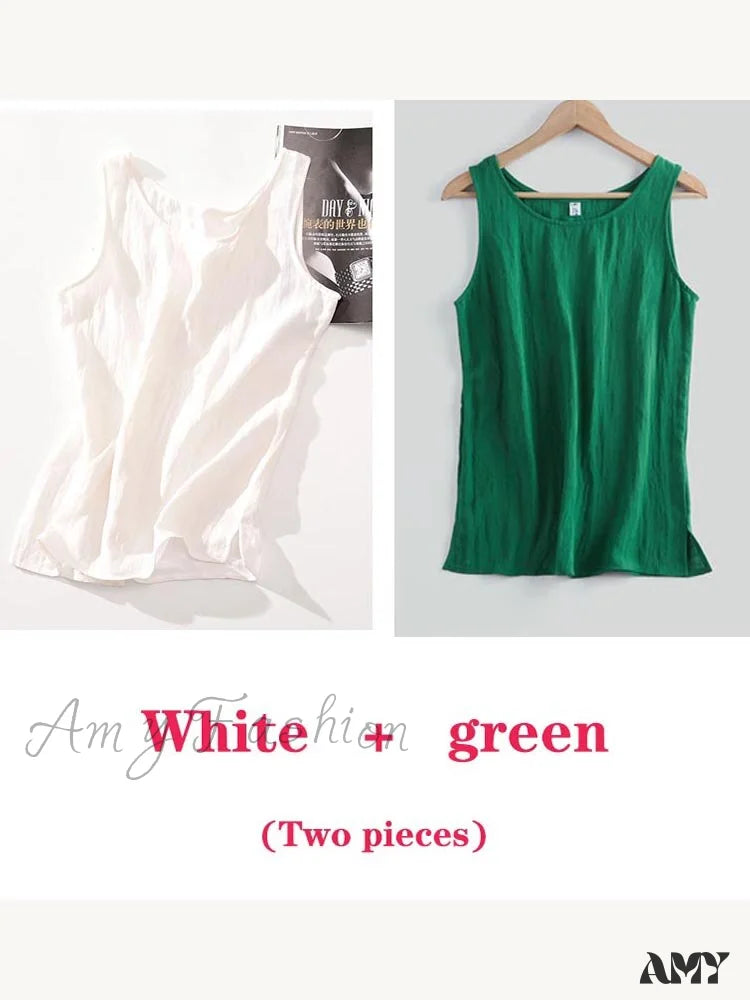 Amy Fashion - Cotton Linen Sleeveless Tops White And Green / S