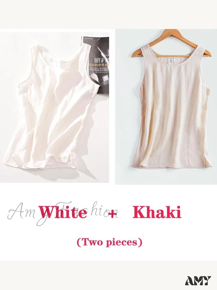 Amy Fashion - Cotton Linen Sleeveless Tops White And Khaki / S