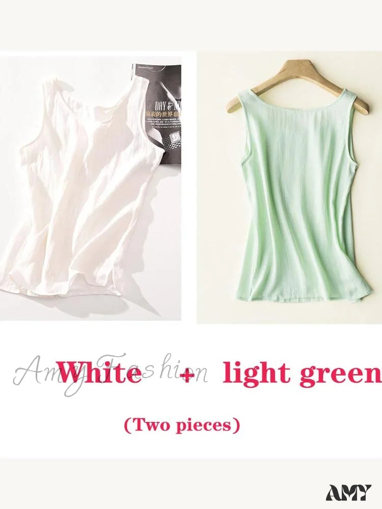Amy Fashion - Cotton Linen Sleeveless Tops White And Lightgreen / S