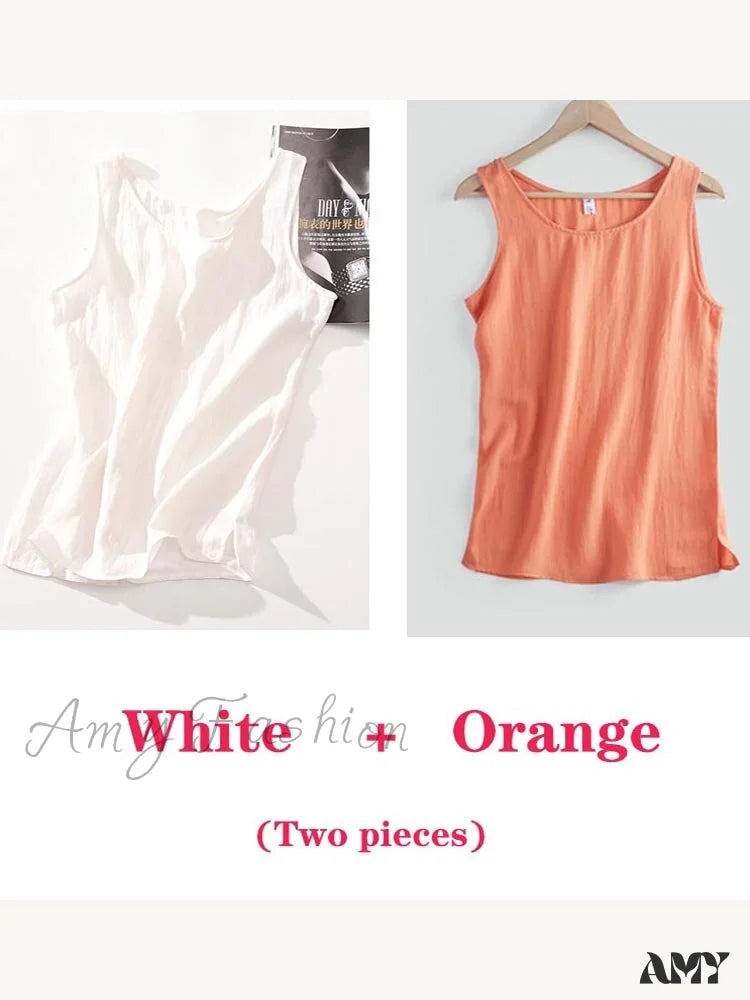 Amy Fashion - Cotton Linen Sleeveless Tops White And Orange / S