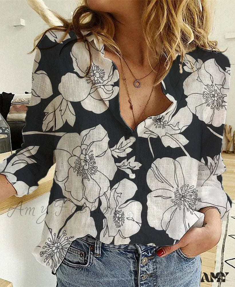 Amy Fashion - Cotton Linen Vintage Flower Print Blouse Black Flower / S