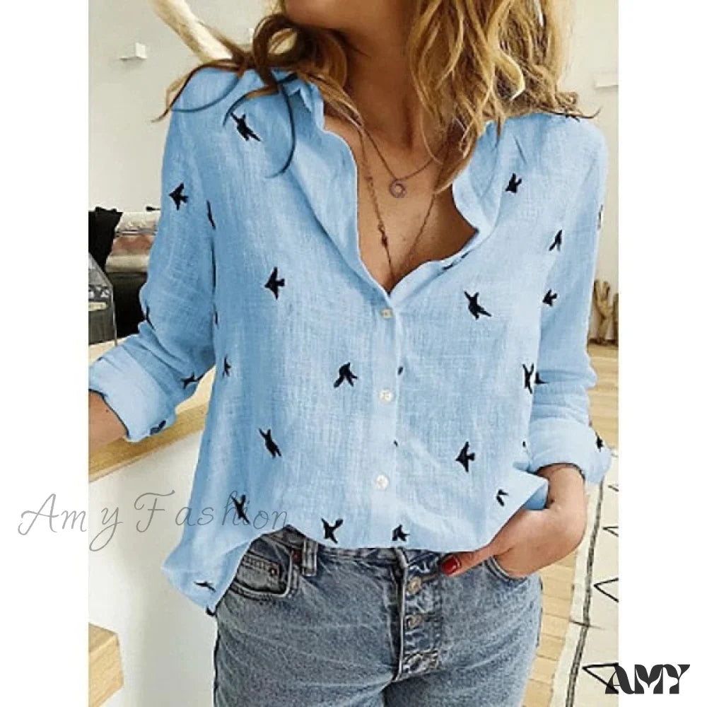 Amy Fashion - Cotton Linen Vintage Flower Print Blouse Blue Print / S