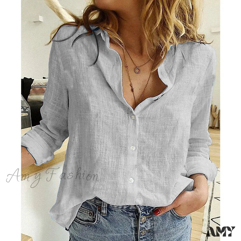 Amy Fashion - Cotton Linen Vintage Flower Print Blouse Gray / S