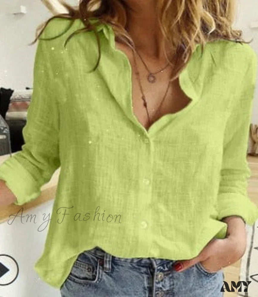 Amy Fashion - Cotton Linen Vintage Flower Print Blouse Green / S