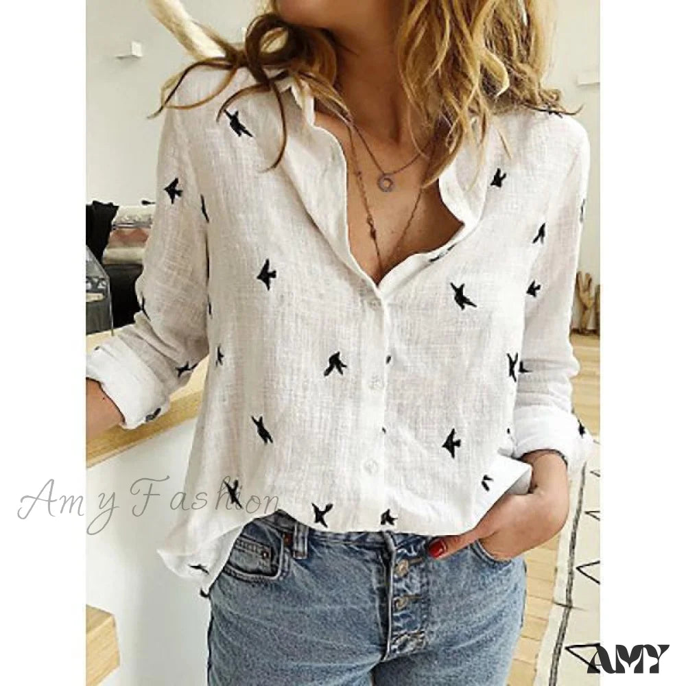 Amy Fashion - Cotton Linen Vintage Flower Print Blouse White Print / S
