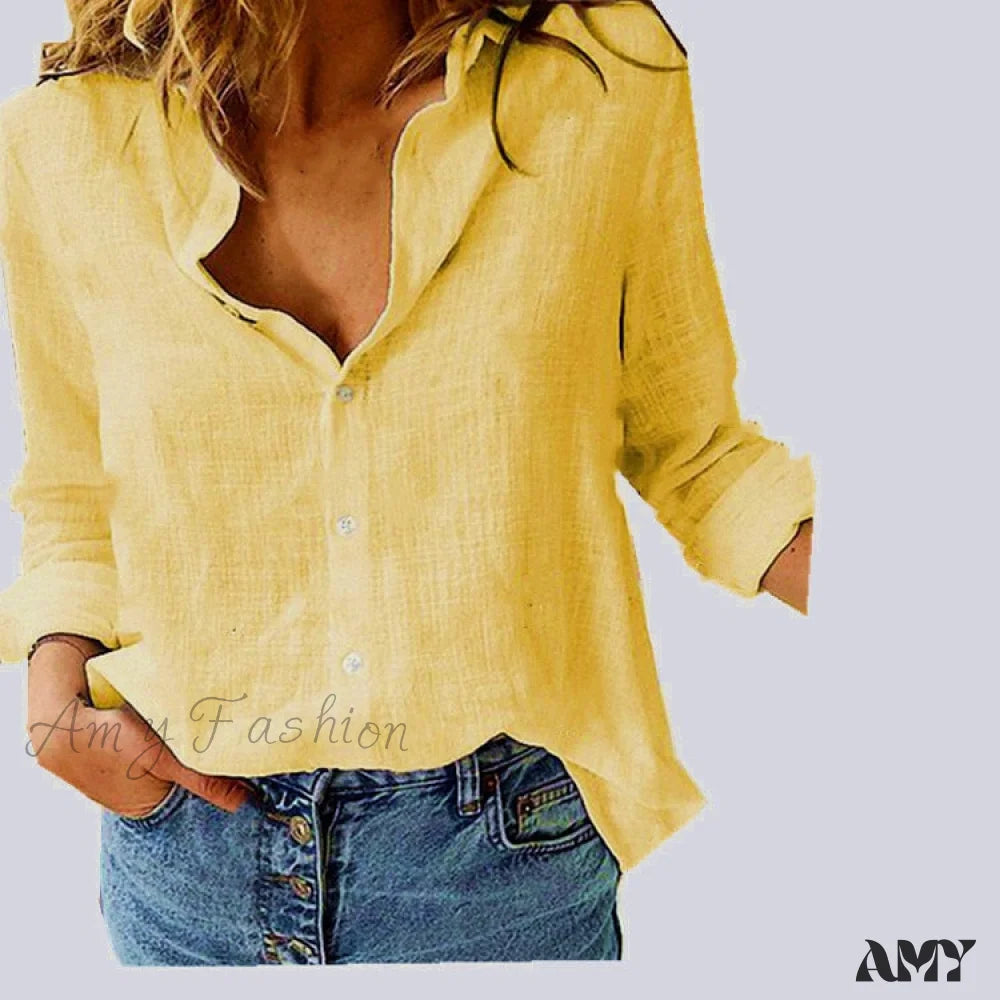 Amy Fashion - Cotton Linen Vintage Flower Print Blouse Yellow / S