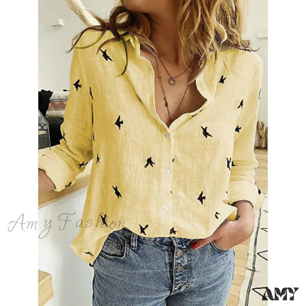 Amy Fashion - Cotton Linen Vintage Flower Print Blouse Yellow Print / S