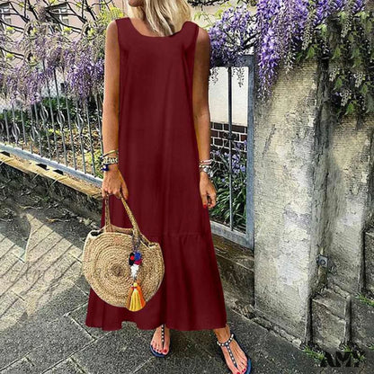 Amy Fashion - Cotton Ruffles Casual Loose Sleeveless Dresses Wine Red / Xl Us