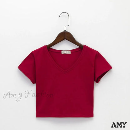 Amy Fashion - Cotton V Neck Solid Color T Shirt 1 / S