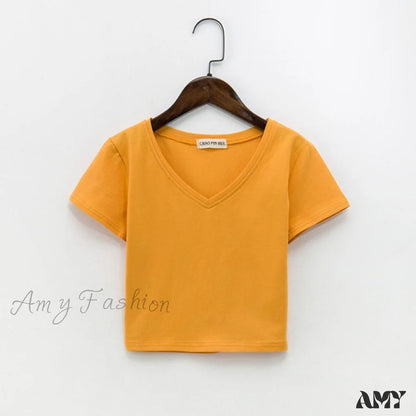 Amy Fashion - Cotton V Neck Solid Color T Shirt