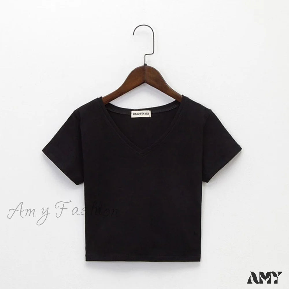 Amy Fashion - Cotton V Neck Solid Color T Shirt 2 / S