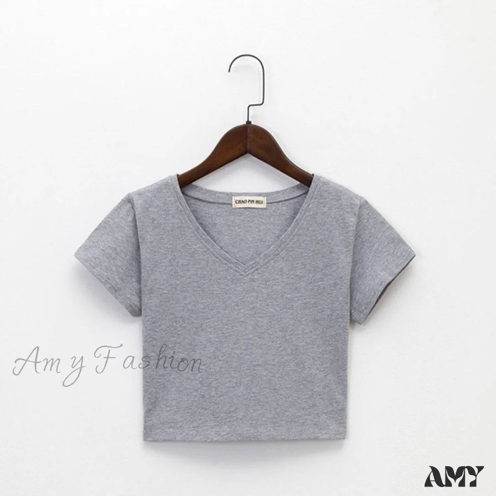 Amy Fashion - Cotton V Neck Solid Color T Shirt 3 / S