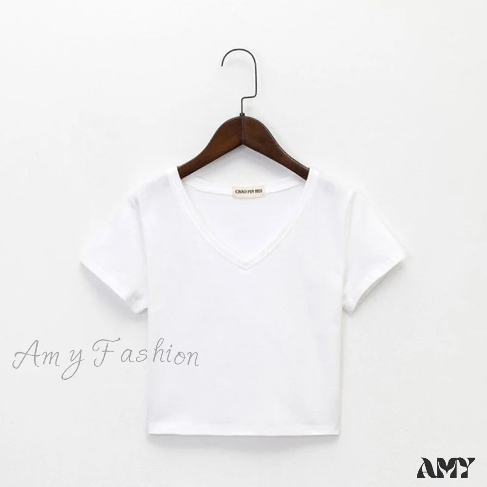 Amy Fashion - Cotton V Neck Solid Color T Shirt 4 / S