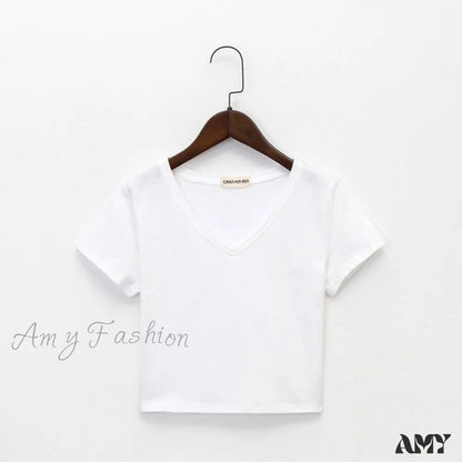 Amy Fashion - Cotton V Neck Solid Color T Shirt 4 / S