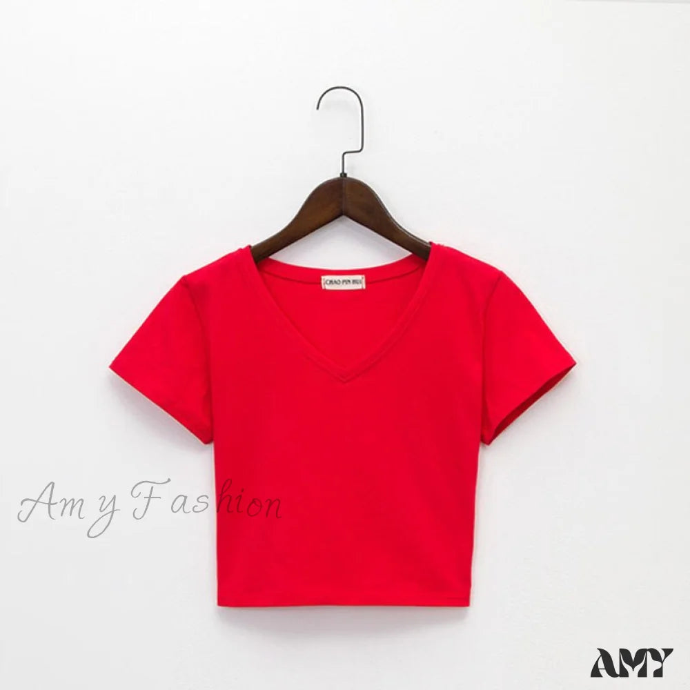 Amy Fashion - Cotton V Neck Solid Color T Shirt 5 / S