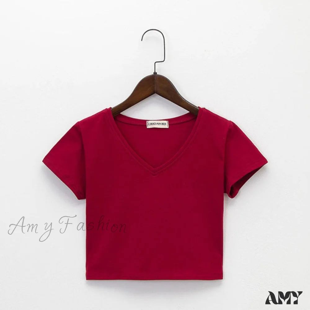 Amy Fashion - Cotton V Neck Solid Color T Shirt