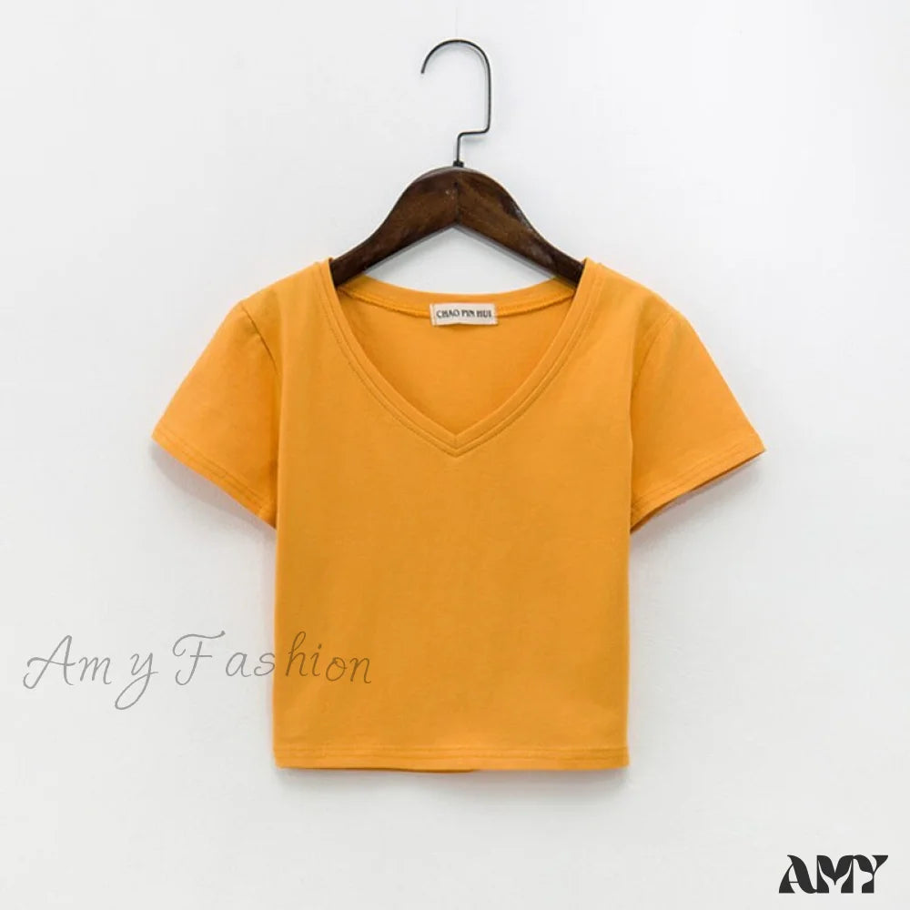 Amy Fashion - Cotton V Neck Solid Color T Shirt 6 / S