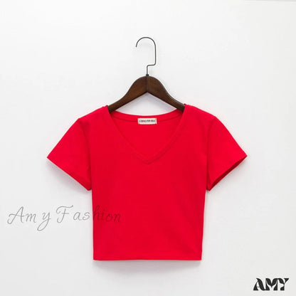 Amy Fashion - Cotton V Neck Solid Color T Shirt