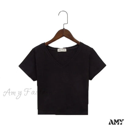 Amy Fashion - Cotton V Neck Solid Color T Shirt