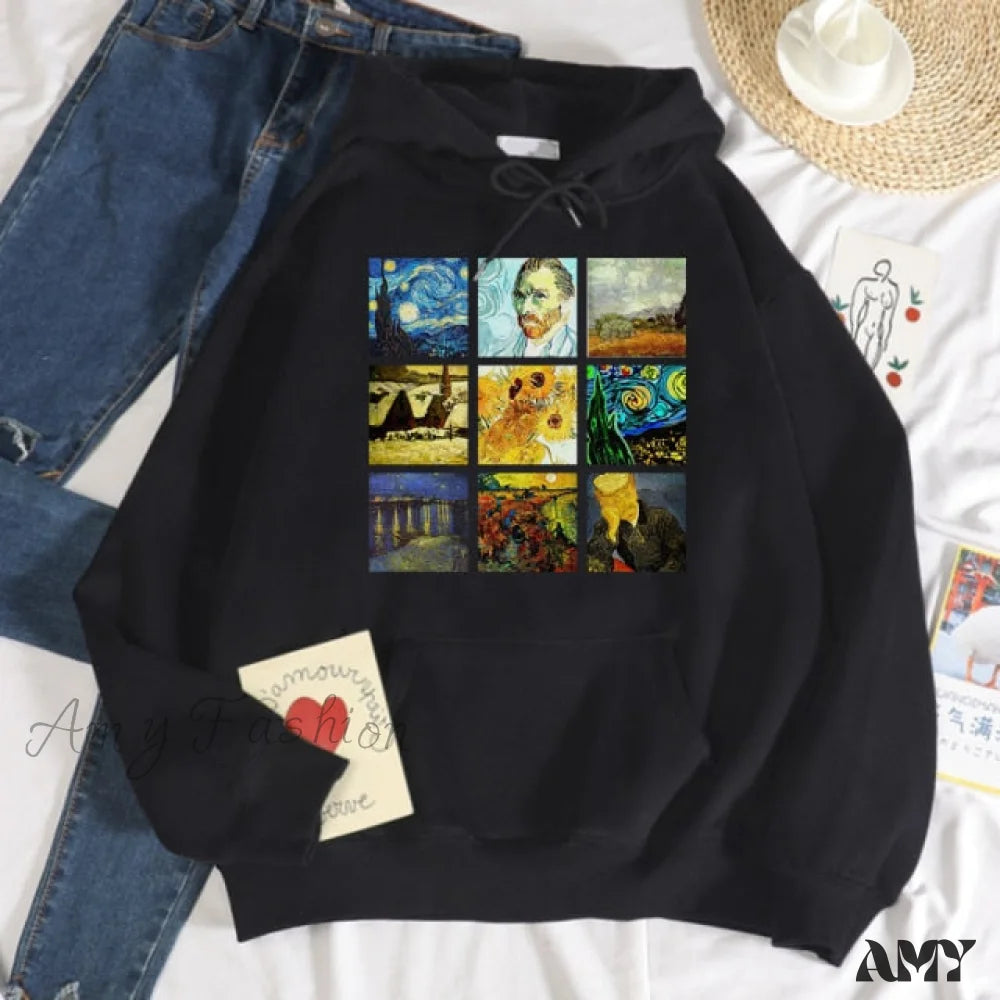 Amy Fashion - Crew Neck Sweatshirt Fleece Loose Hoodies Black / S