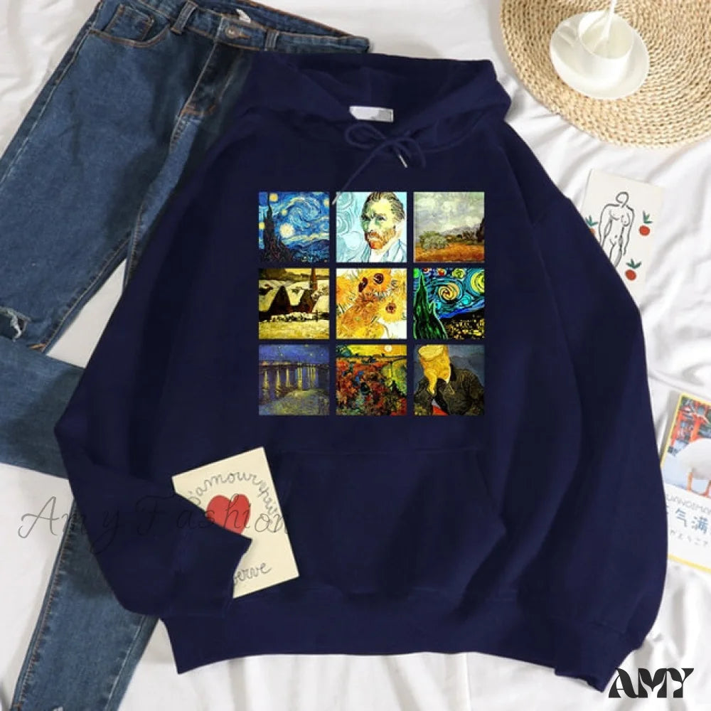 Amy Fashion - Crew Neck Sweatshirt Fleece Loose Hoodies Dark Blue / S