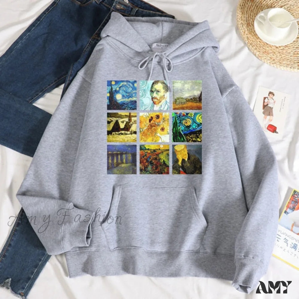 Amy Fashion - Crew Neck Sweatshirt Fleece Loose Hoodies Gray / S