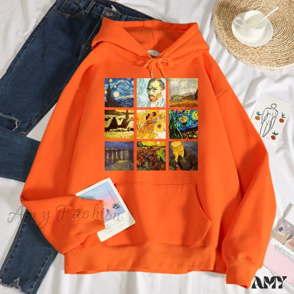 Amy Fashion - Crew Neck Sweatshirt Fleece Loose Hoodies Orange / S