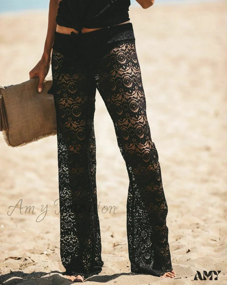 Amy Fashion - Crochet Beach Wide Leg Pants Black 1 / S