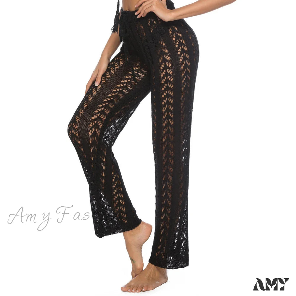 Amy Fashion - Crochet Beach Wide Leg Pants Black 2 / S