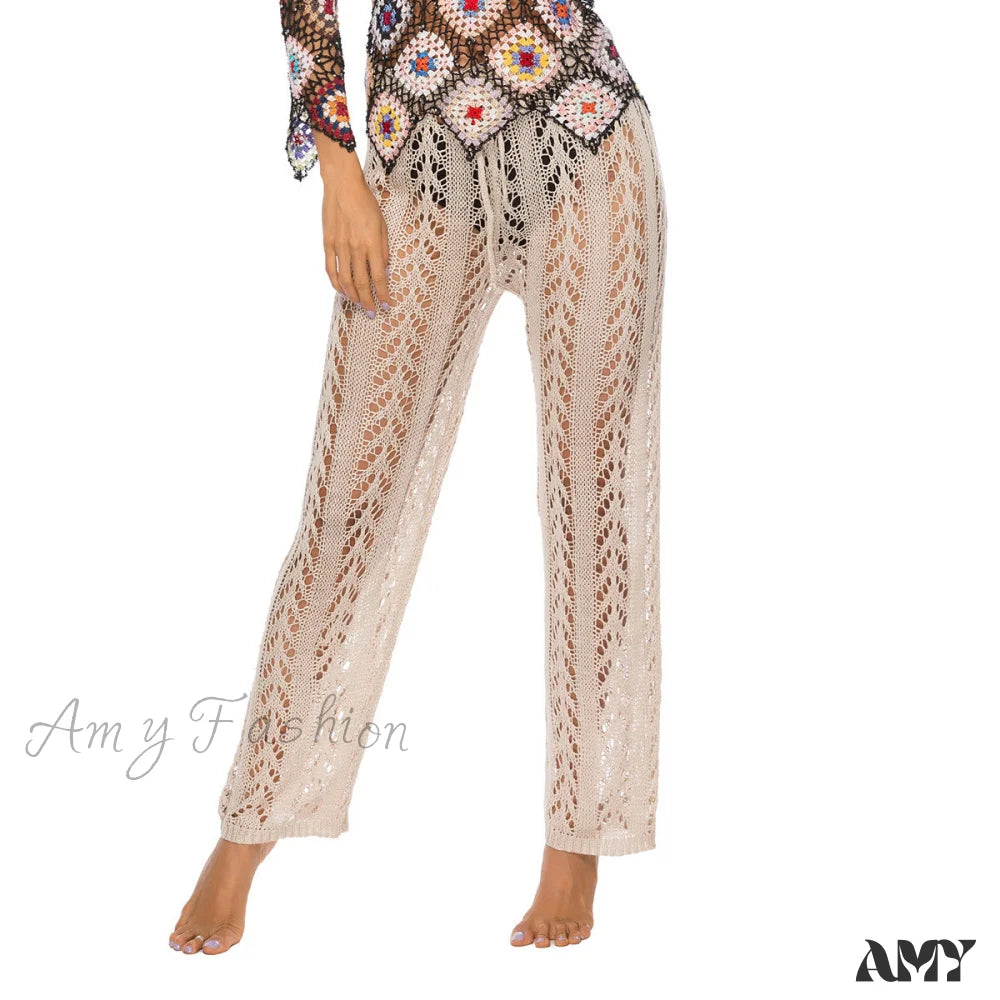 Amy Fashion - Crochet Beach Wide Leg Pants Khaki / S