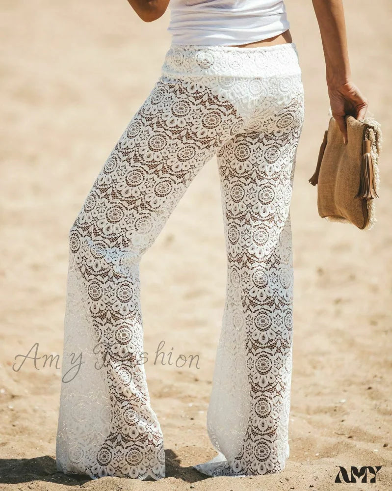 Amy Fashion - Crochet Beach Wide Leg Pants White 1 / S