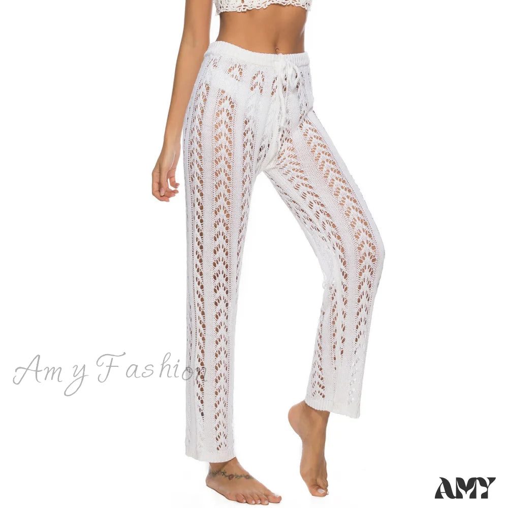 Amy Fashion - Crochet Beach Wide Leg Pants White 2 / S