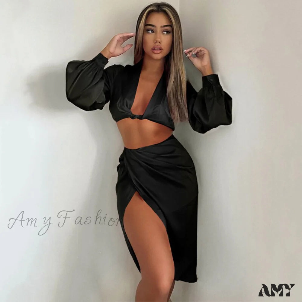 Amy Fashion - Crop Top High Split Long Skirts Two Piece Set