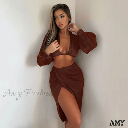 Amy Fashion - Crop Top High Split Long Skirts Two Piece Set