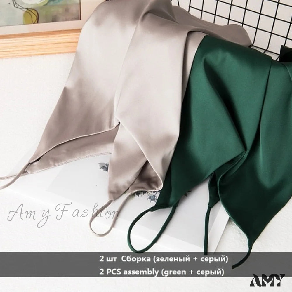 Amy Fashion - Crop Women Camis Silk Satin Tank Top Grey Green / S