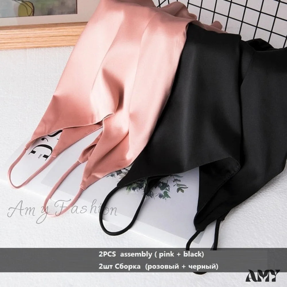 Amy Fashion - Crop Women Camis Silk Satin Tank Top Pink Black / S