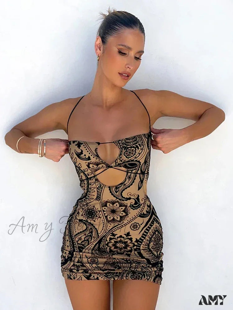 Amy Fashion - Cryptographic Print Backless Summer Boho Dress