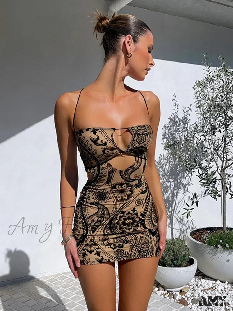 Amy Fashion - Cryptographic Print Backless Summer Boho Dress Black / S