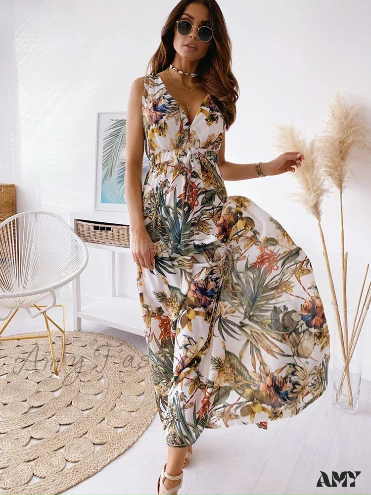 Amy Fashion - Deep V Neck Print Sleeveless Boho Dress