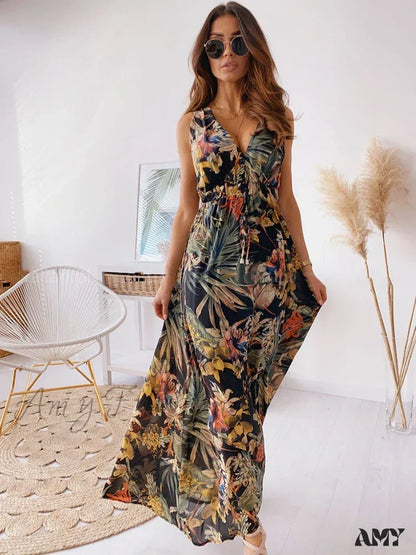 Amy Fashion - Deep V Neck Print Sleeveless Boho Dress