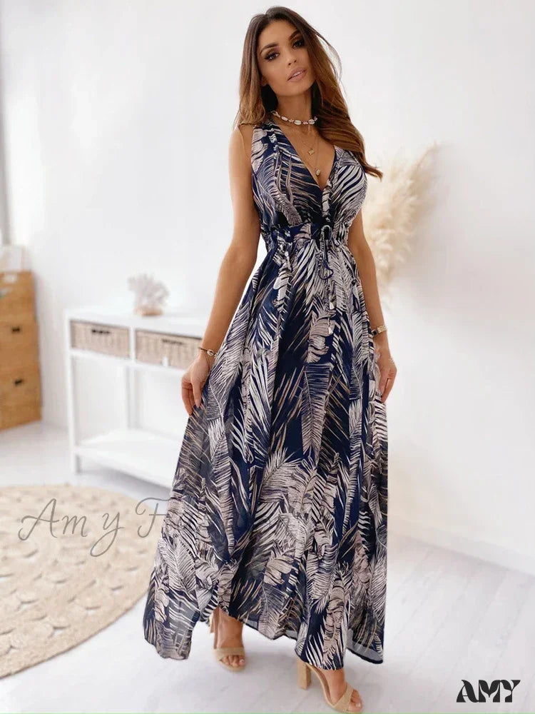 Amy Fashion - Deep V Neck Print Sleeveless Boho Dress Blue / S